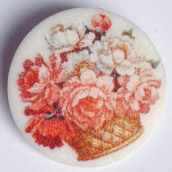 VTG 60s Brooch Glazed Ceramic Floral Transfer Basket of Flowers Mid Century Pin - Picture 7 of 9